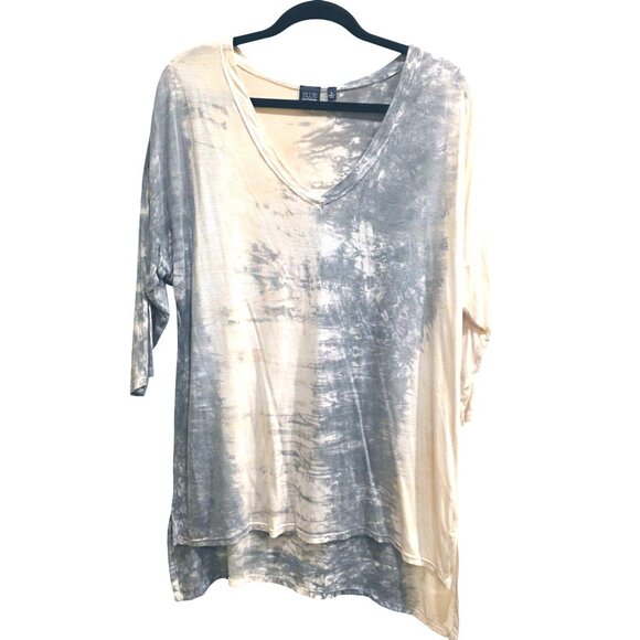 Blue Saks Fifth Avenue Flowy Gray Taupe White Loose Fit V-Neck Top Made In USA L - Picture 1 of 16